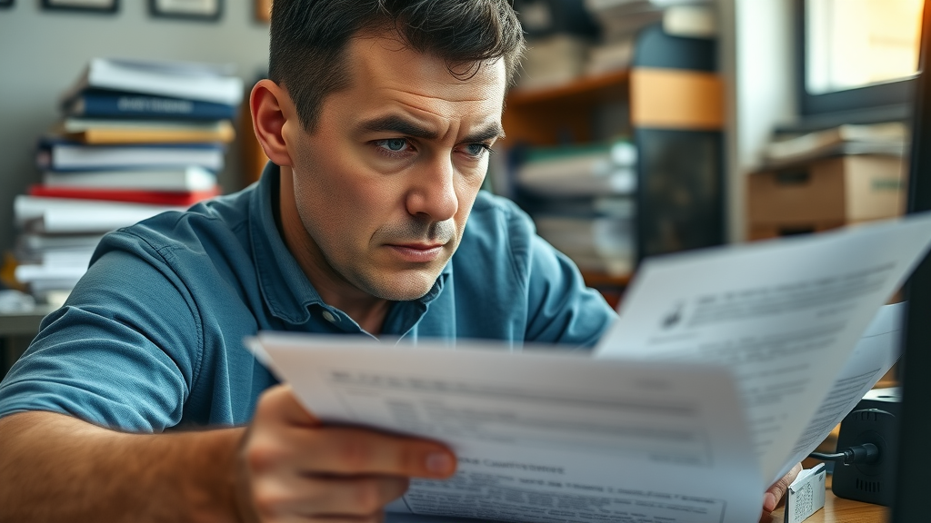concerned worker reviewing documents for workers' compensation claim denial appeal