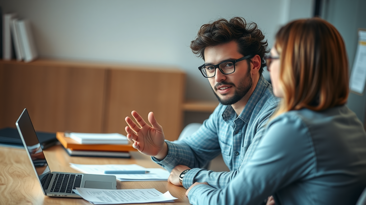 confident worker consulting with advisor for workers' compensation claim denial appeal