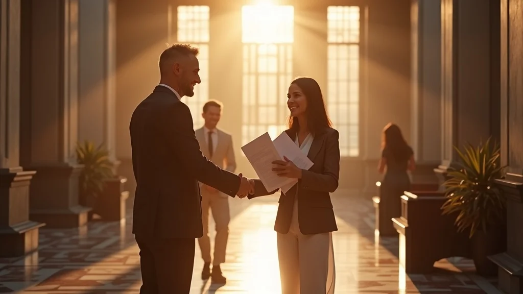 Successful workers compensation claim in California — attorney and client shaking hands in courthouse lobby, celebrating maximum compensation