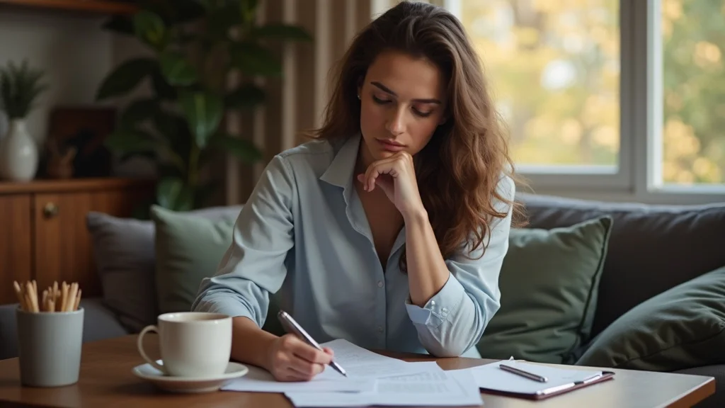Determined injured worker reviewing California workers’ compensation paperwork and medical documents at home