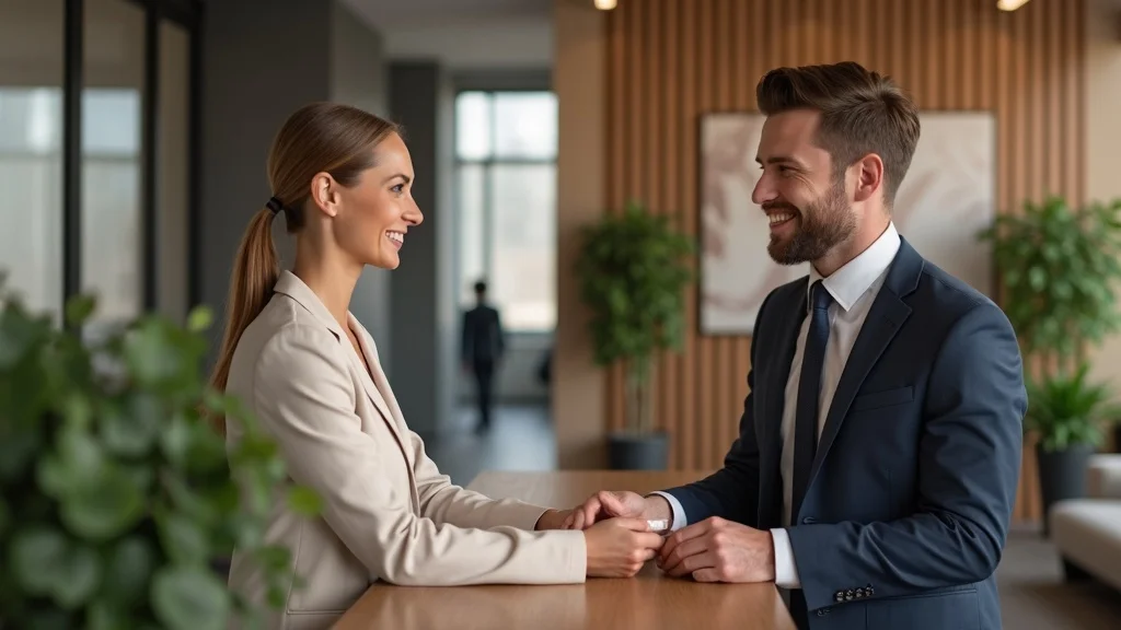 Welcoming California law office reception for workers compensation attorney - injured worker receiving business card at front desk