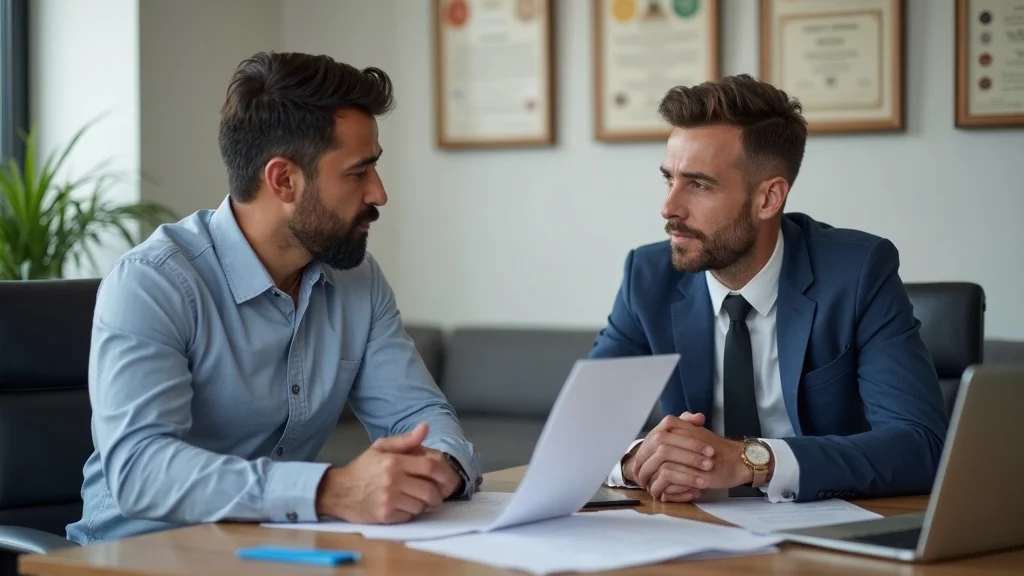 Professional California workplace injury attorney consulting with an injured worker discussing legal documents and benefits in a modern law office