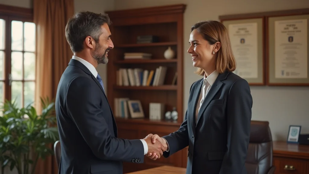 Confident workers compensation attorney building trust and comfort with injured client — handshake confirms the importance of in-person consultation