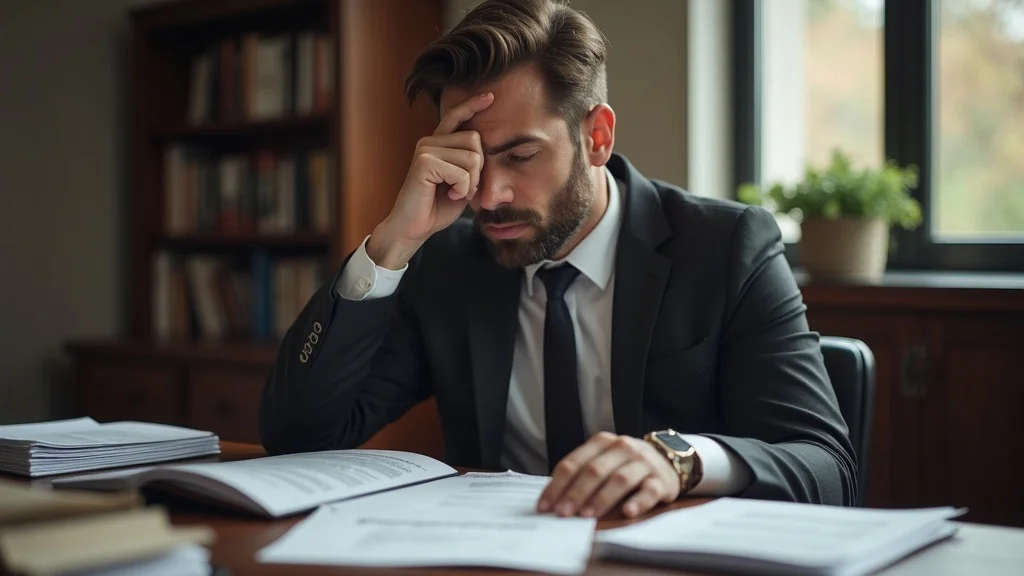 Thoughtful workers compensation lawyer at a desk reviewing complex case files, head injury compensation strategy in modern California law office