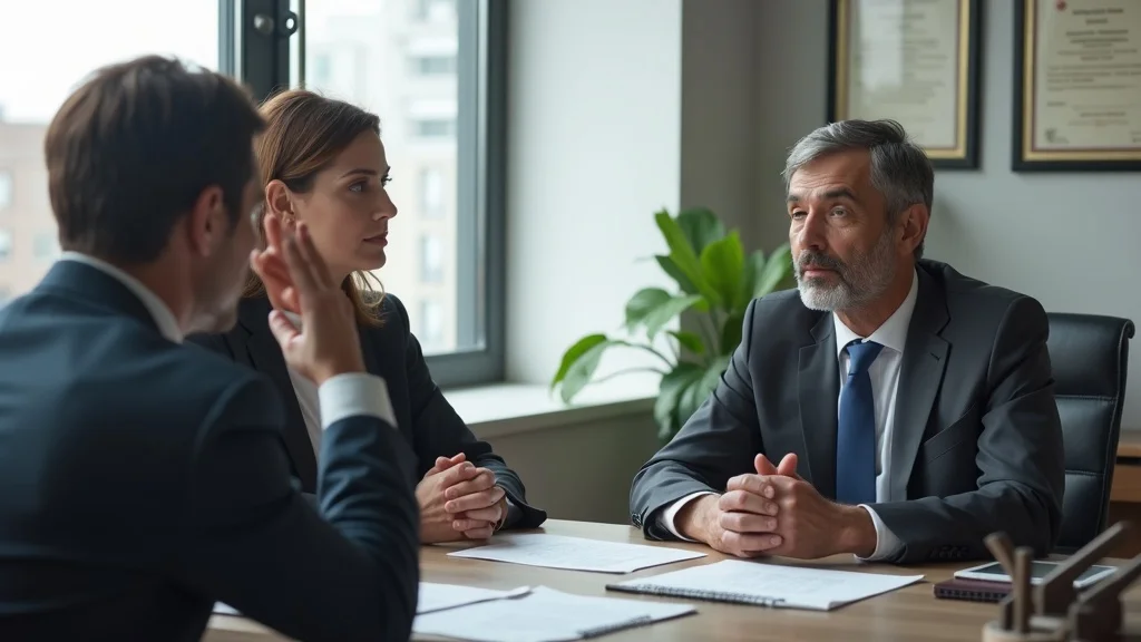 Professional workers compensation attorney discussing key factors with an injured worker in a modern law office — choosing workers compensation attorney