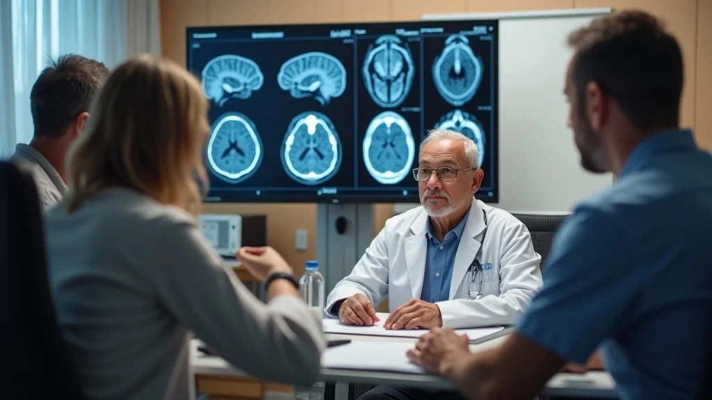 Patient and family consulting neurologist about MRI results for head injury vs stroke in workers compensation claim