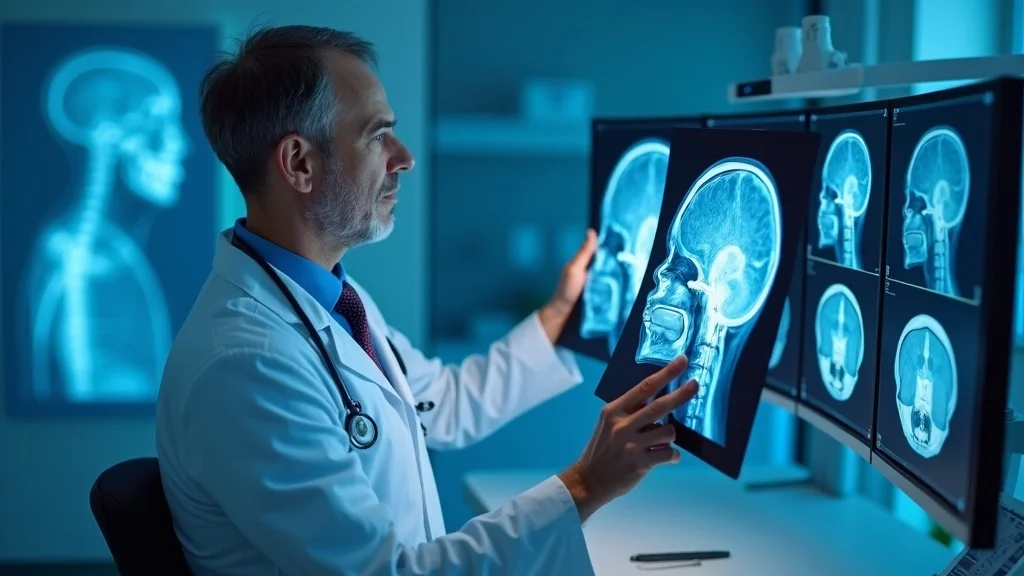 Neurologist analyzing MRI scan for head injury compensation claim in modern clinic setting