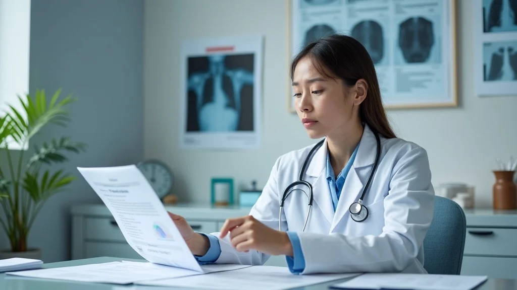 Concerned healthcare professional reviewing a medical report related to workers compensation benefits