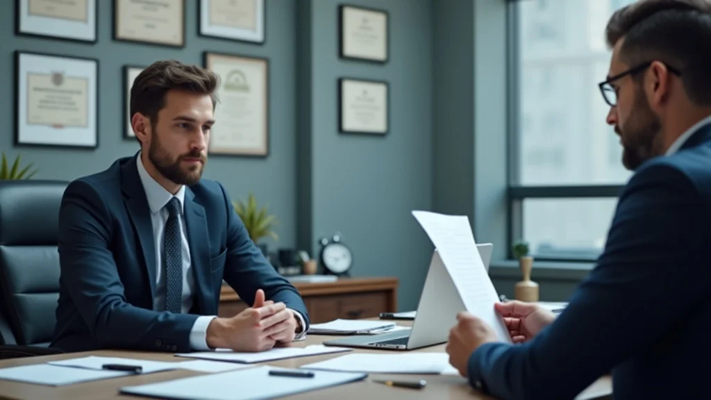 Professional injured worker consulting with a lawyer in an office setting about workers compensation benefits