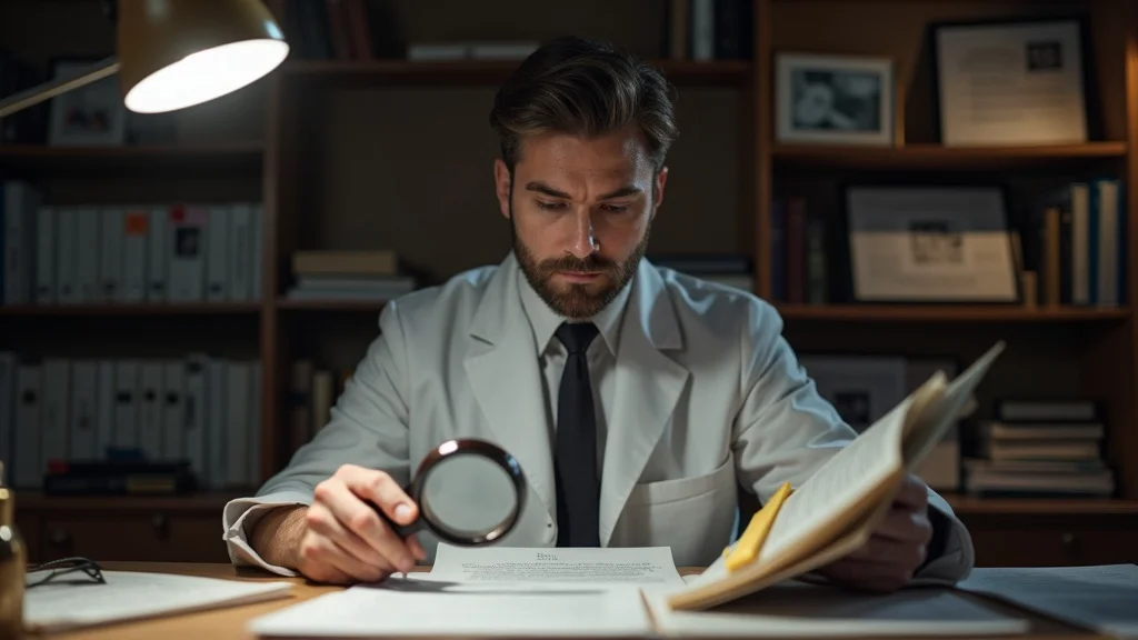Legal expert analyzing medical records for denied workers compensation appeal case with sharp focus details in home office