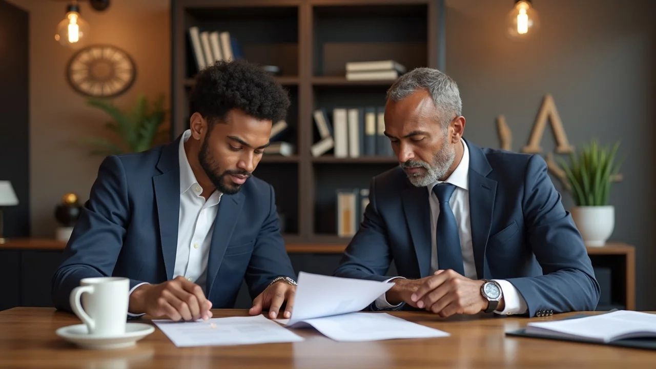 Confident injured worker and attorney reviewing denied workers compensation appeal documents in a modern legal office