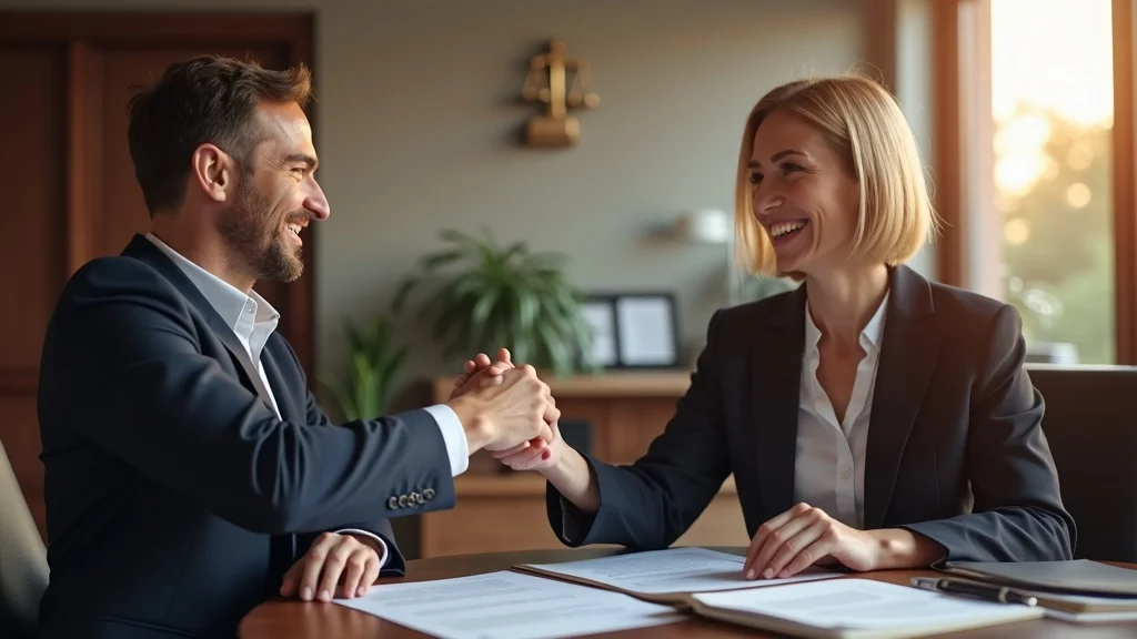 Hopeful client celebrates legal victory in denied workers compensation appeal case, shaking hands with attorney in modern law office
