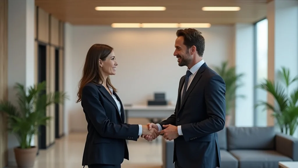 Supportive lawyer and injured client shaking hands after securing workers compensation benefits