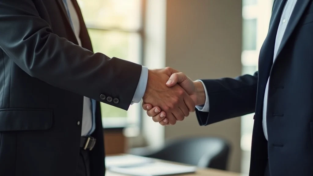 Successful California workers compensation claimant shaking hands with attorney in legal office