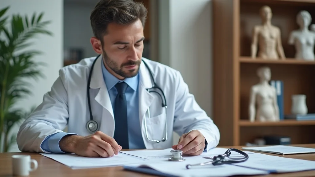 California medical evaluator reviewing patient medical records for workers compensation in a modern clinic office