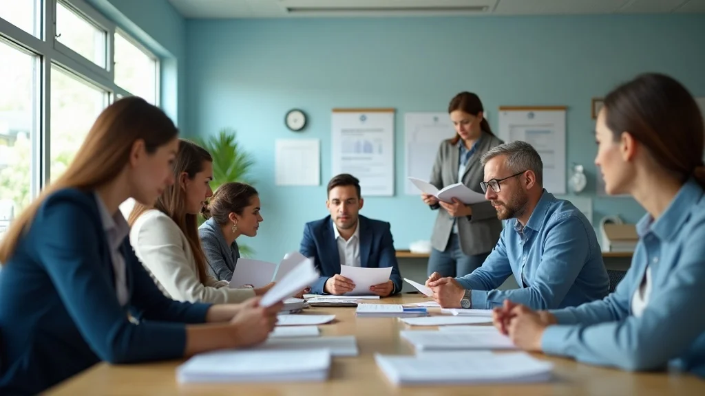California workers compensation claim filing in a modern workplace setting - diverse group of employees with claim forms and safety posters