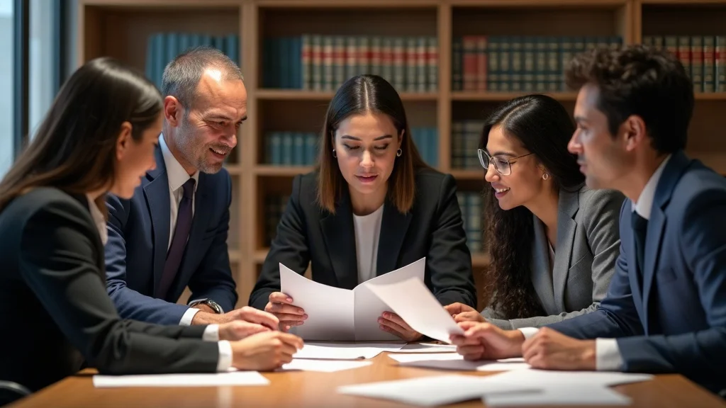 Diverse team of California legal experts collaborating on a denied workers compensation appeal, reviewing case documents and law books together, high realism and crisp professional detail.