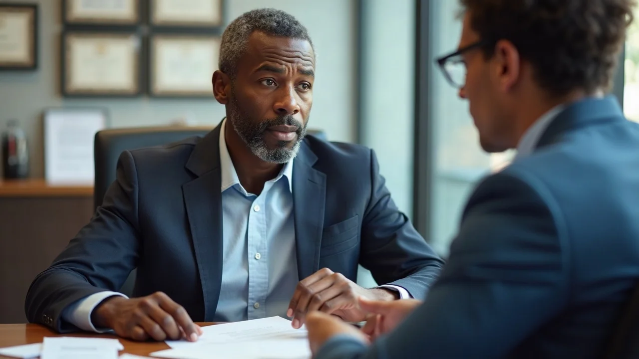 Attorney consulting with an injured worker in a modern California law office about a denied workers compensation appeal, reassuring consultation and detailed paperwork, photorealistic style.