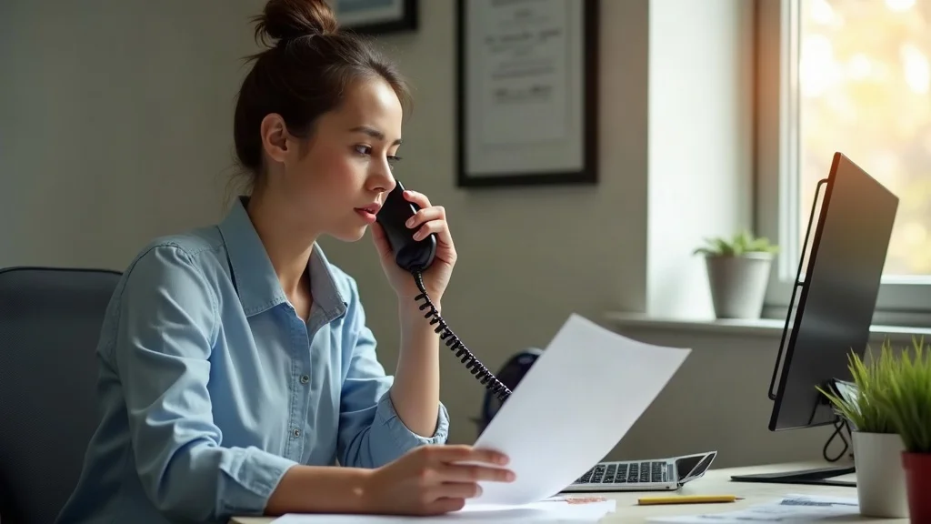Determined worker making an urgent call about a denied workers compensation appeal, holding paperwork in a focused office, warm afternoon sunlight - demonstrates importance of fast action.
