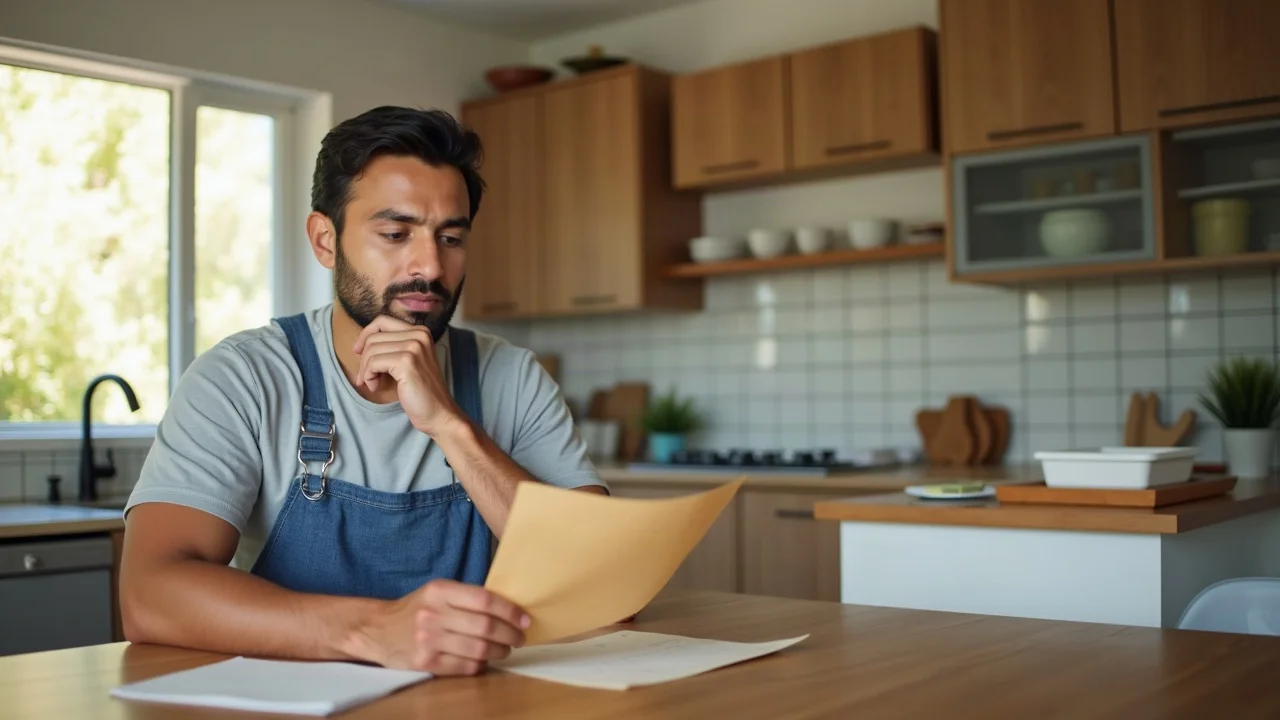 Injured California worker reading a workers compensation denial letter, thoughtfully seated at a kitchen table with paperwork, showing the emotional impact and confusion.